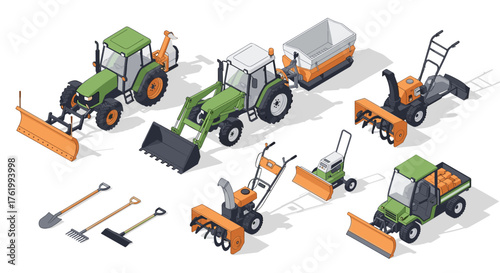Isometric agricultural machinery collection for farming and gardening