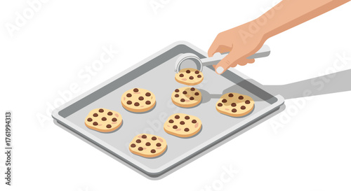 Hand placing cookies on baking sheet: isometric style kitchen scene with chocolate chips