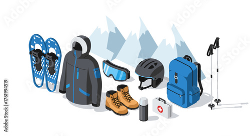 Winter adventure gear set with mountain background in isometric style