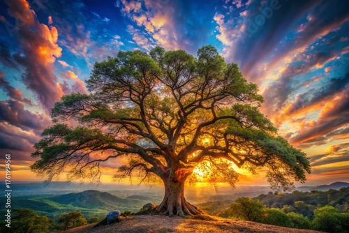 Majestic Tree Double Exposure: Serene Forest Canopy & Sky