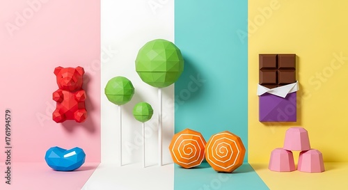 Colorful Candies and Sweets Arrangement on Pastel Background.