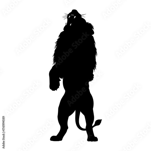 Black silhouette of a roaring lion standing on hind legs