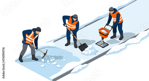 Isometric workers clearing icy pathway with shovels and salt bins during winter