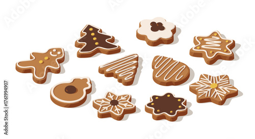Assorted festive gingerbread cookies in flat style for holiday themes