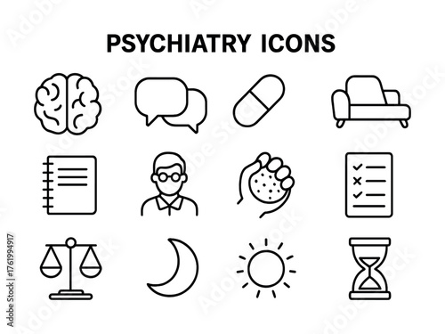 Psychiatry icons set: brain, couch, scale, therapist, medication, hourglass