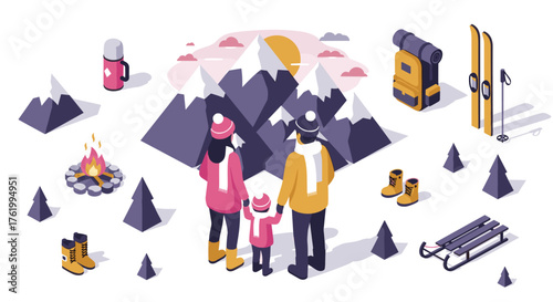 Family enjoys winter adventures in snowy mountain landscape with isometric design