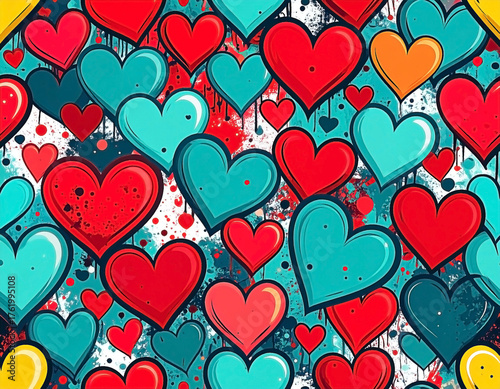 Hearts collage with red, teal, & orange colors on a splatter background
