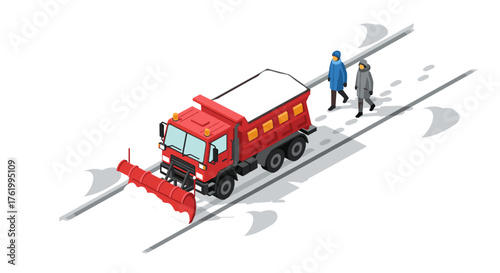 Red snow plow truck clearing road with snow and pedestrians in isometric winter scene