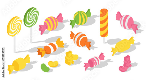 Colorful isometric candy set with lollipops and wrapped sweets on white background