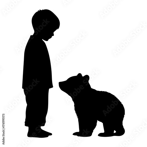 Boy and bear cub silhouette child animal