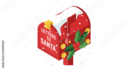 Festive mailbox for letters to santa with snow and holly in isometric style