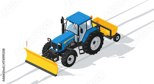 Isometric blue tractor with snow plow and yellow trailer on white background