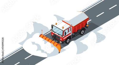 Isometric snowplow clearing roadway in winter scene with red truck and clean road