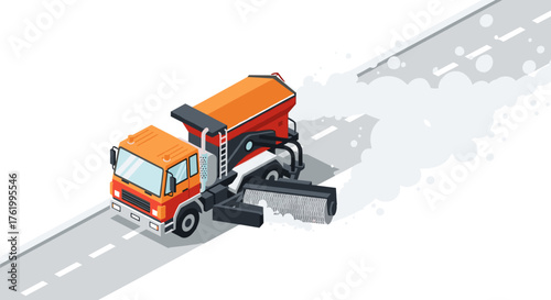 Isometric road snowplow truck clearing snow from highway