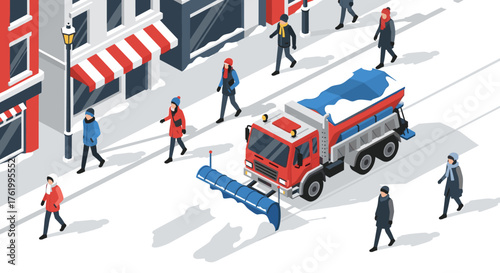 Winter city isometric scene with snowplow and pedestrians