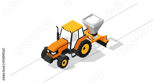 Isometric orange tractor with seeder machine in action on white background