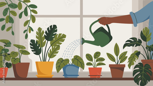 Person watering a variety of lush green houseplants on a sunny windowsill creating a vibrant indoor jungle