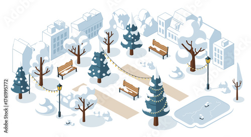 Colorful isometric winter park scene with snowy trees and festive decorations