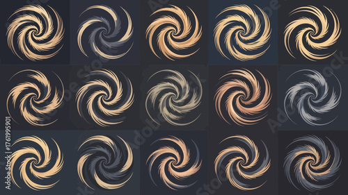 Abstract swirling vortex patterns in various metallic and earthy tones against a dark background creating a sense of motion and energy