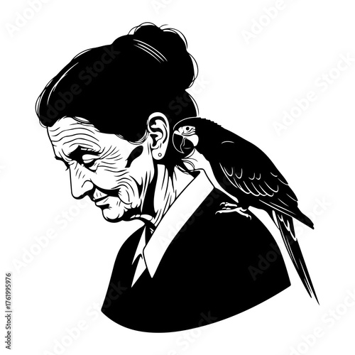 Elderly woman with parrot on shoulder bird profile