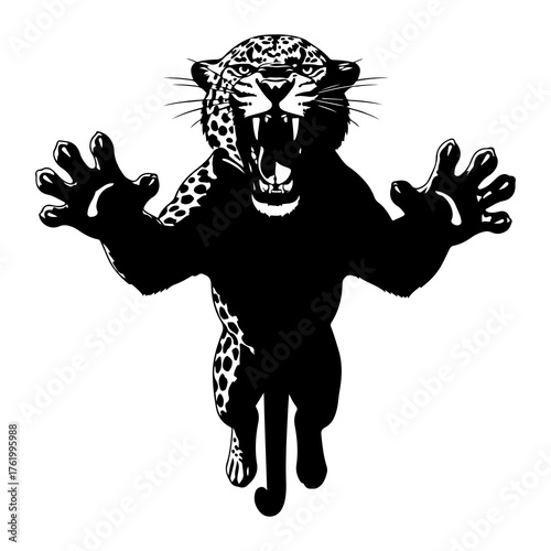 Fierce leopard roaring with open mouth and extended paws