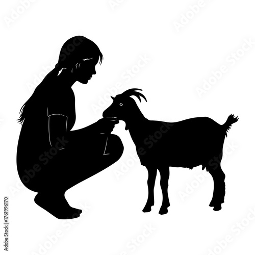 Girl feeding goat silhouette animal