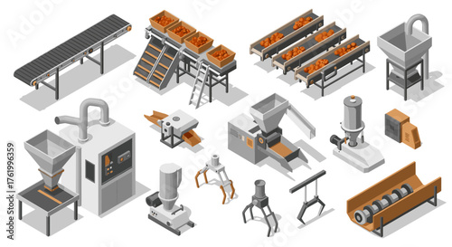 Isometric factory equipment set for food processing and automation