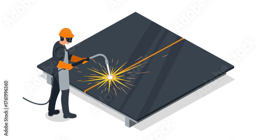 Isometric welder in protective gear working with spark on metal sheet