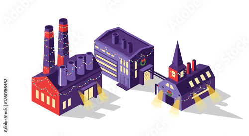 Festive factory buildings with holiday lights in isometric design