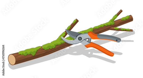 Garden pruning tool on moss-covered branch in realistic style
