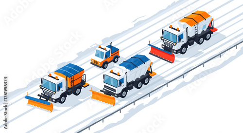 Isometric snowplow vehicles clearing icy roads in winter scene