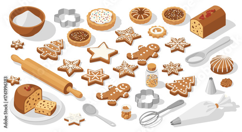 Festive baking essentials with gingerbread cookies in isometric style