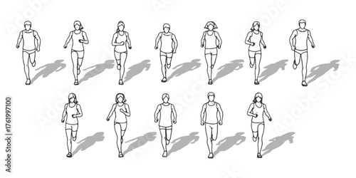 CAD Drawings. Set of people running isolated on white background. standing. Front view. Vector illustration.