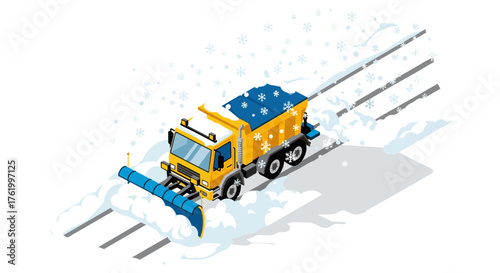 Snow plow truck clearing road in winter isometric style with snowflakes