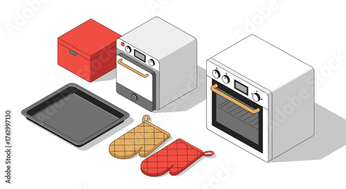 Isometric kitchen appliances set: ovens, mittens, and baking accessories in modern style