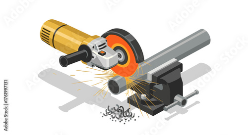 Isometric angle grinder in action with steel pipes and sparks