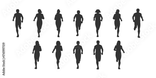 CAD Drawings. Silhouette Set of people running isolated on white background. standing. Front view. Vector illustration.
