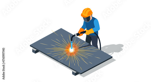 Isometric welder icon: industrial worker with welding equipment and safety gear