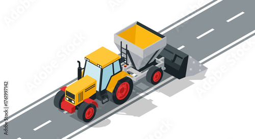 Vibrant isometric yellow tractor on road with attached cement mixer in motion