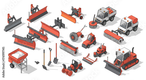 Isometric construction and maintenance equipment collection in red and gray tones