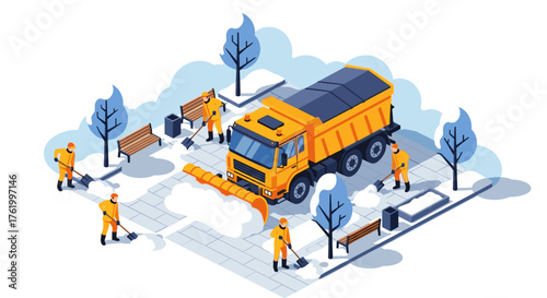 Isometric snow removal scene with workers and plow truck in winter park setting