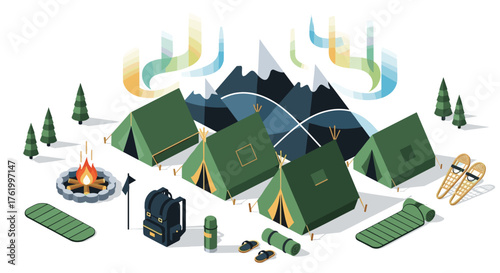 Mountain camping scene with tents and northern lights in isometric style