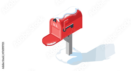Snow-covered red mailbox in winter scene