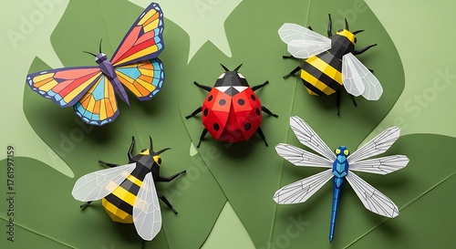 Colorful Paper Insects on Green Leaf Background.
