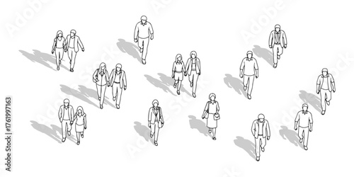 CAD Drawings. Set of people walking , couple walking isolated on white background. standing. Top view. Vector illustration.
