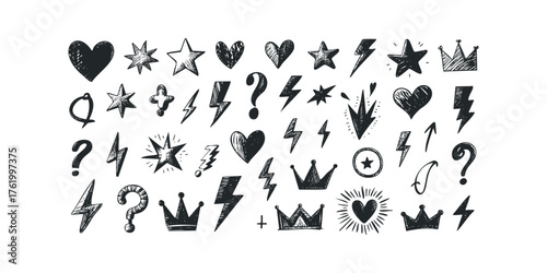 Collection of hand drawn sketch elements hearts stars lightning crowns questions