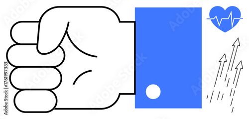 Closed fist with a blue sleeve, heart icon with heartbeat line, and upward-shifting arrows. Ideal for health, fitness, strength, progress, motivation determination and vitality. Simple flat