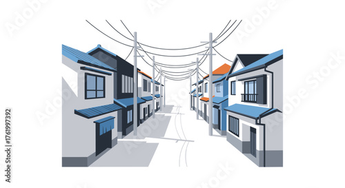 Charming urban alley with traditional houses and power lines in minimalist style