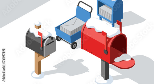 Snow-covered mailboxes with mail cart in isometric winter scene