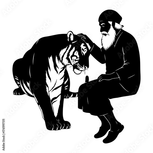 Old man petting tiger beard turban